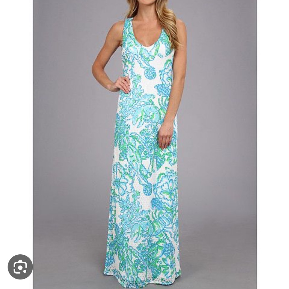 Lilly Pulitzer Aster Blue and Green V Neck Crochet Maxi Dress Sz XS